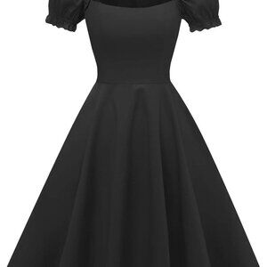 Women's 1950s Puff Short Sleeve Party Dress with Pockets Square Neck